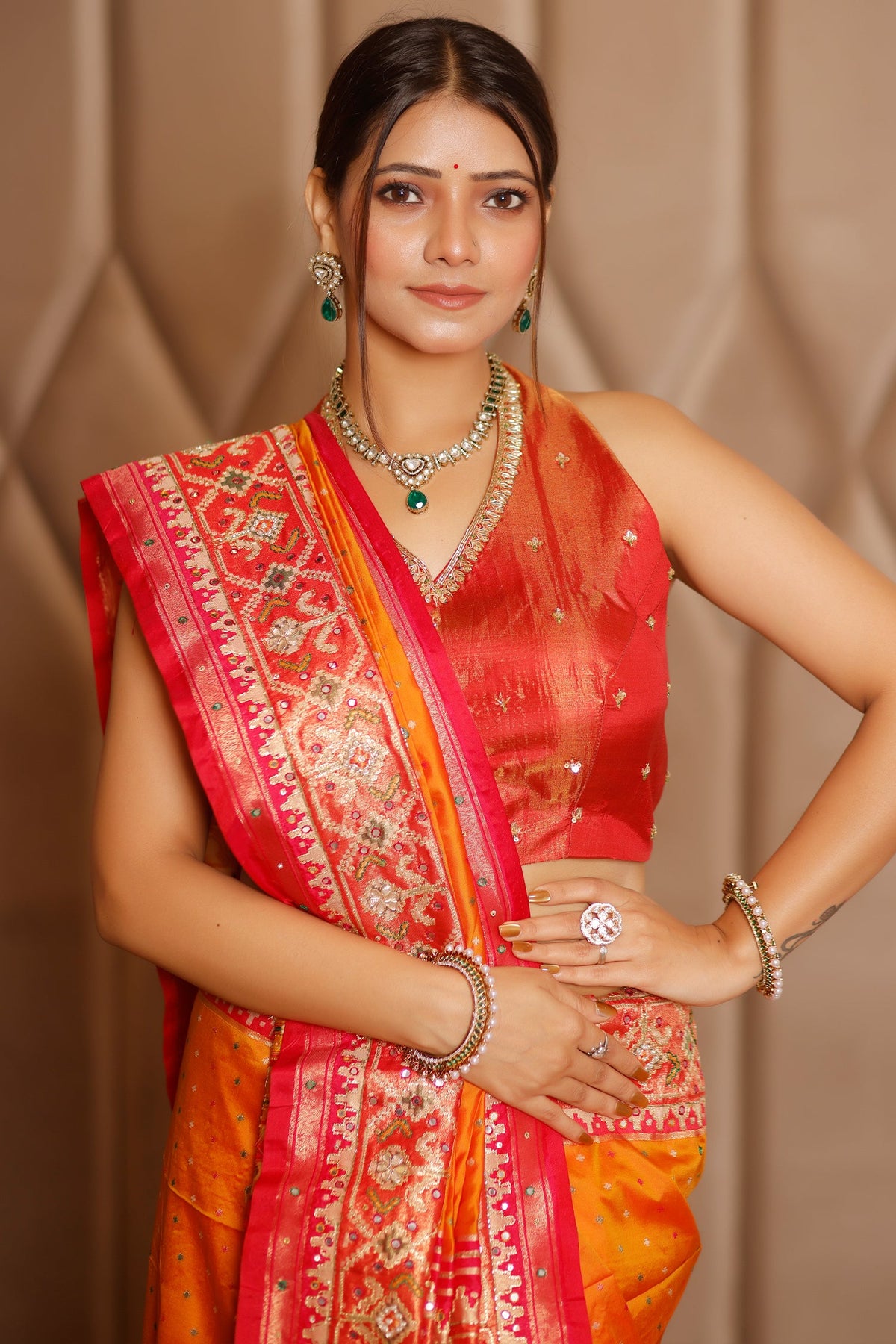 Orange Banarasi Silk Traditional Saree with Contrast Broad Patola Border - orange silk saree patola
