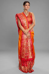 Orange Banarasi Silk Traditional Saree with Contrast Broad Patola Border - orange silk saree patola