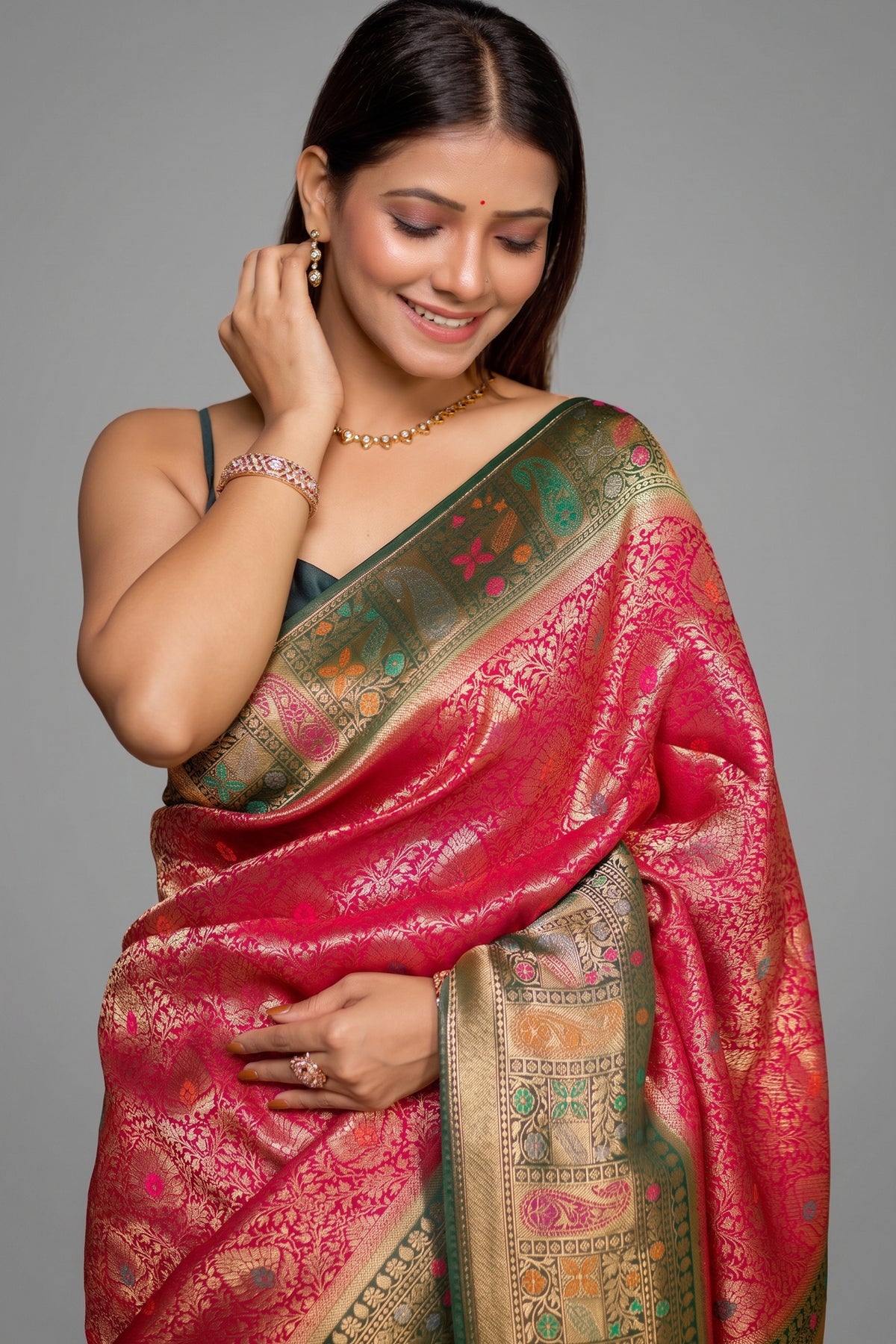 Rani Pink Dola Silk All Over Woven Saree with Contrast Border - pink silk saree