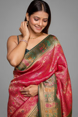 Rani Pink Dola Silk All Over Woven Saree with Contrast Border - pink silk saree