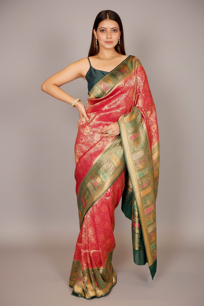 Rani Pink Dola Silk All Over Woven Saree with Contrast Border - pink silk saree