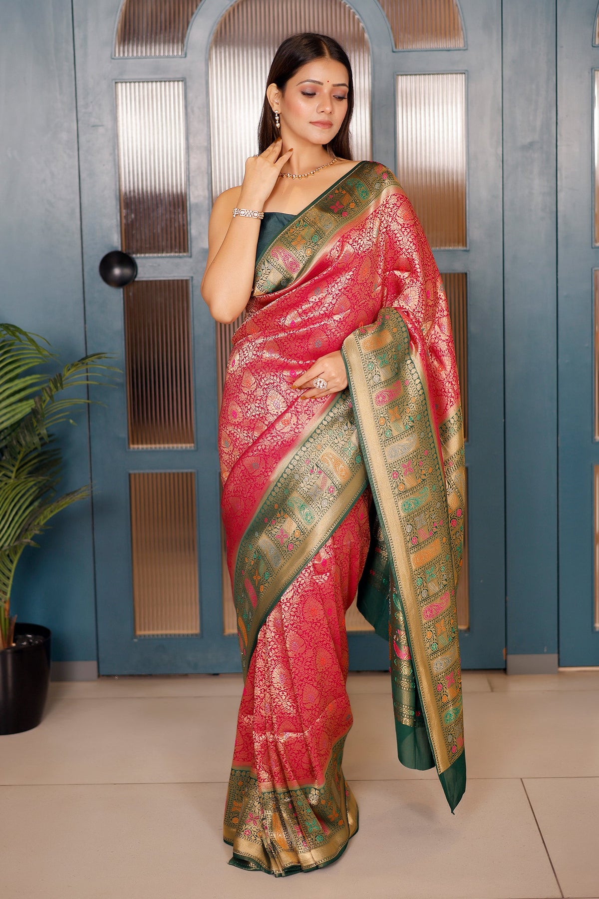 Rani Pink Dola Silk All Over Woven Saree with Contrast Border - pink silk saree