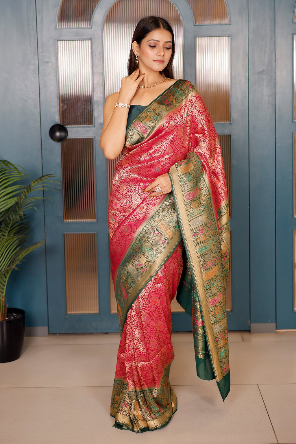 Rani Pink Dola Silk All Over Woven Saree with Contrast Border - pink silk saree