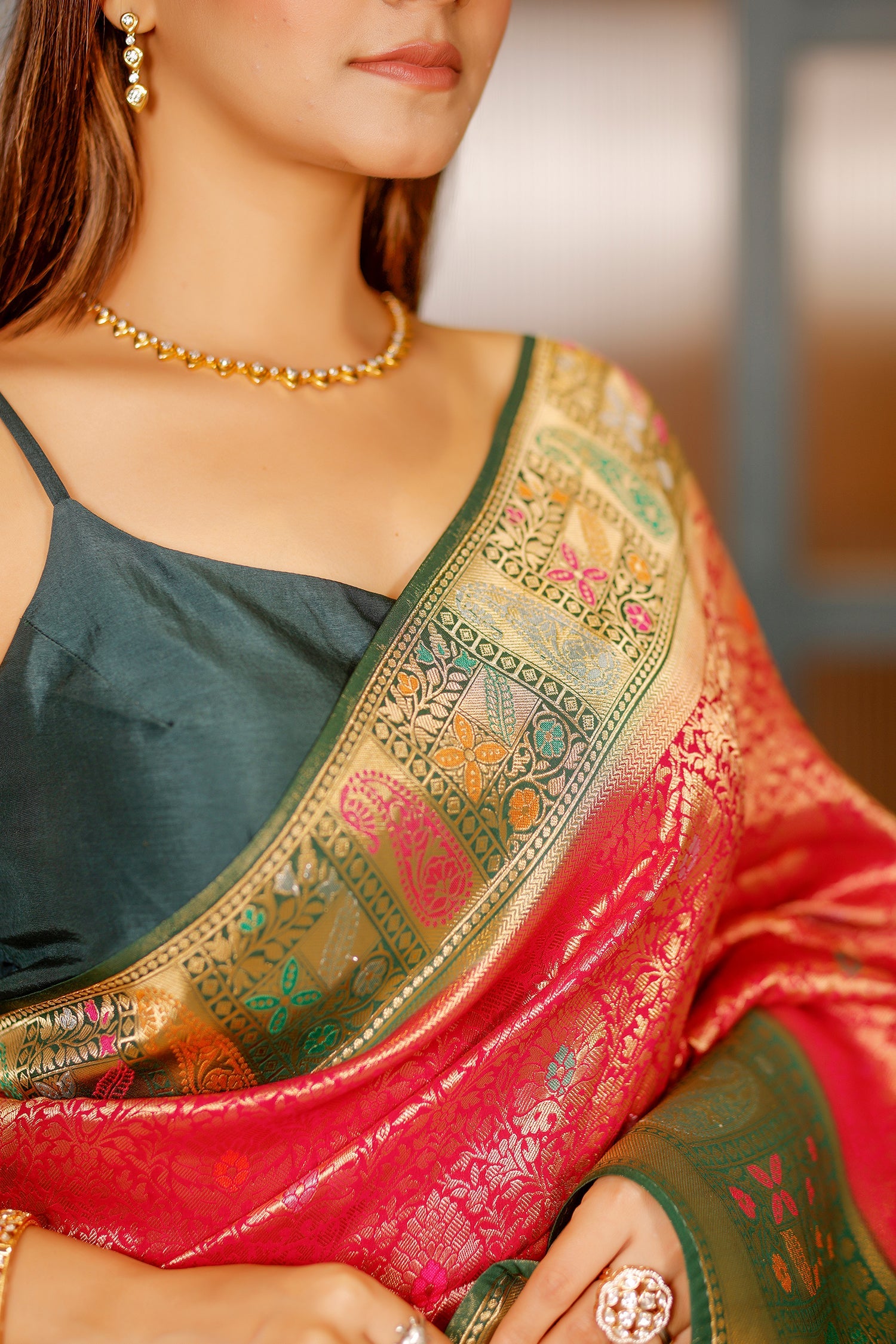 Rani Pink Dola Silk All Over Woven Saree with Contrast Border