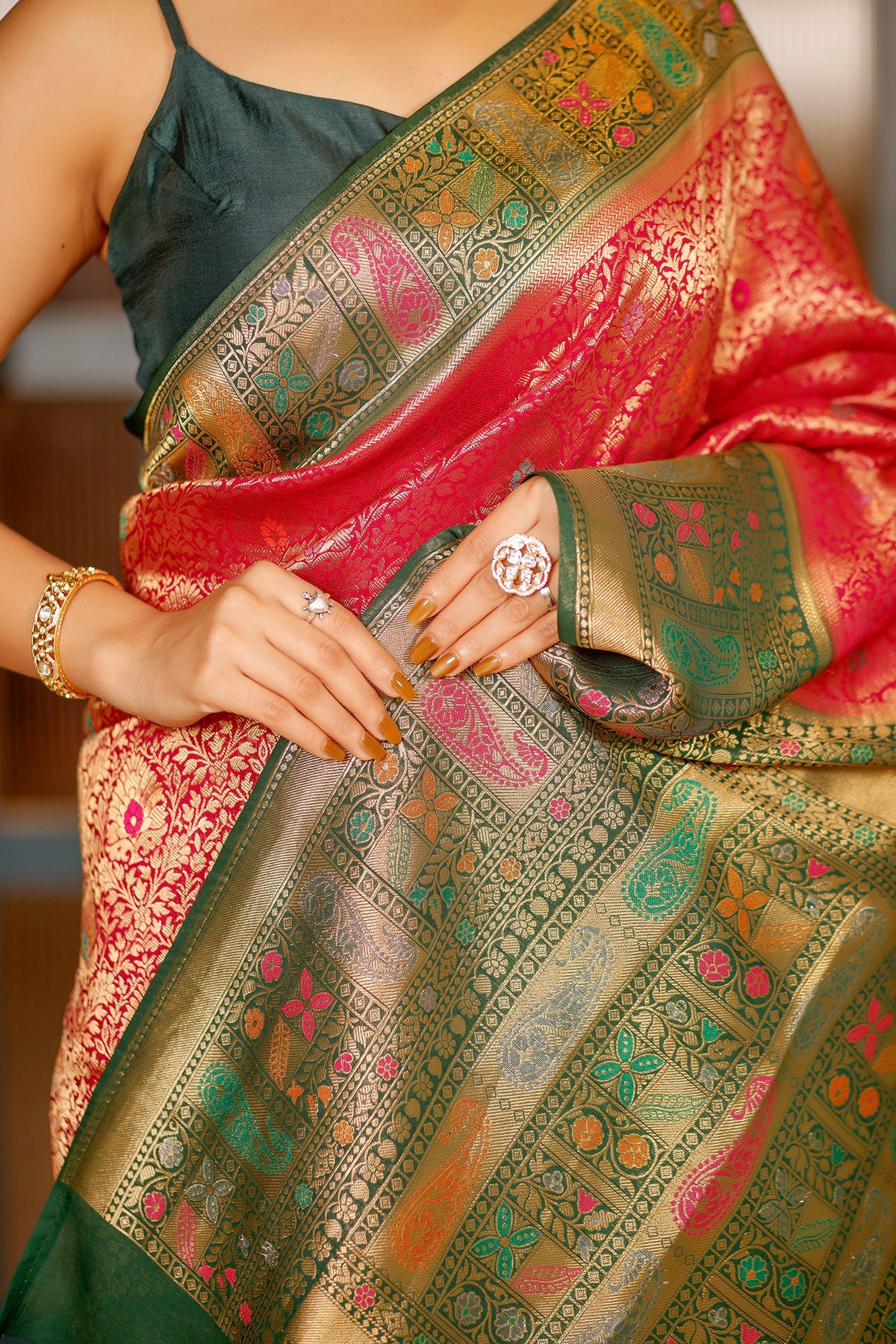 Rani Pink Dola Silk All Over Woven Saree with Contrast Border - pink silk saree