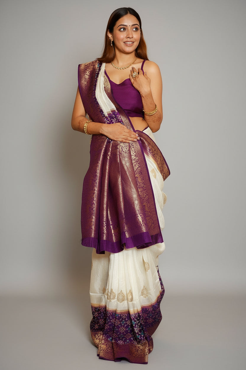 Off White Dola Silk Saree with Contrast Patola Border