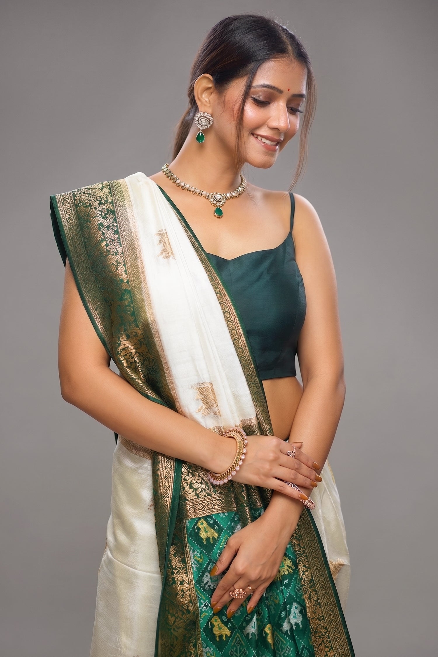 Off White Dola Silk Woven Butta Saree with Contrast Woven Border and Patola Pallu Secondary image