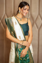 Off White Dola Silk Woven Butta Saree with Contrast Woven Border and Patola Pallu