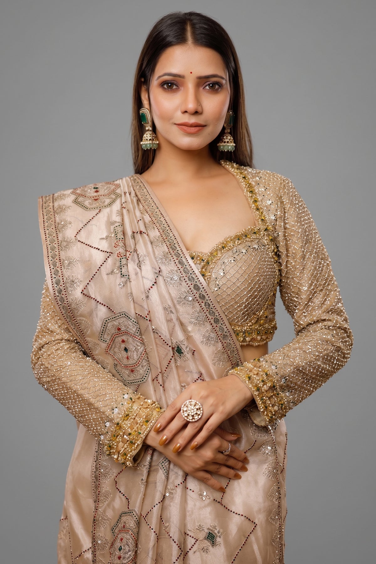 Light Beige Tissue Designer Handworked Saree - beige saree