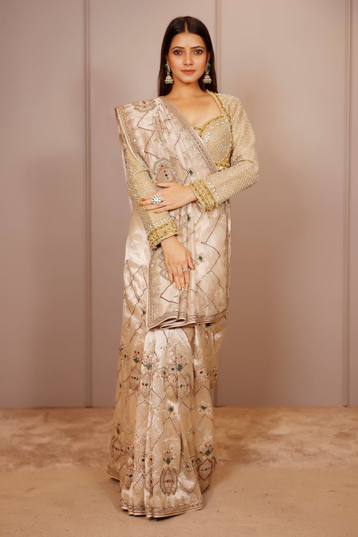 Light Beige Tissue Designer Handworked Saree - beige saree