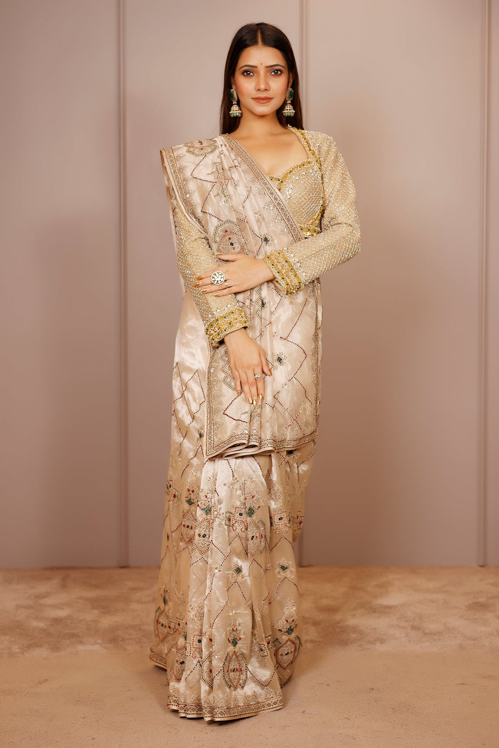 Light Beige Tissue Designer Handworked Saree - beige saree