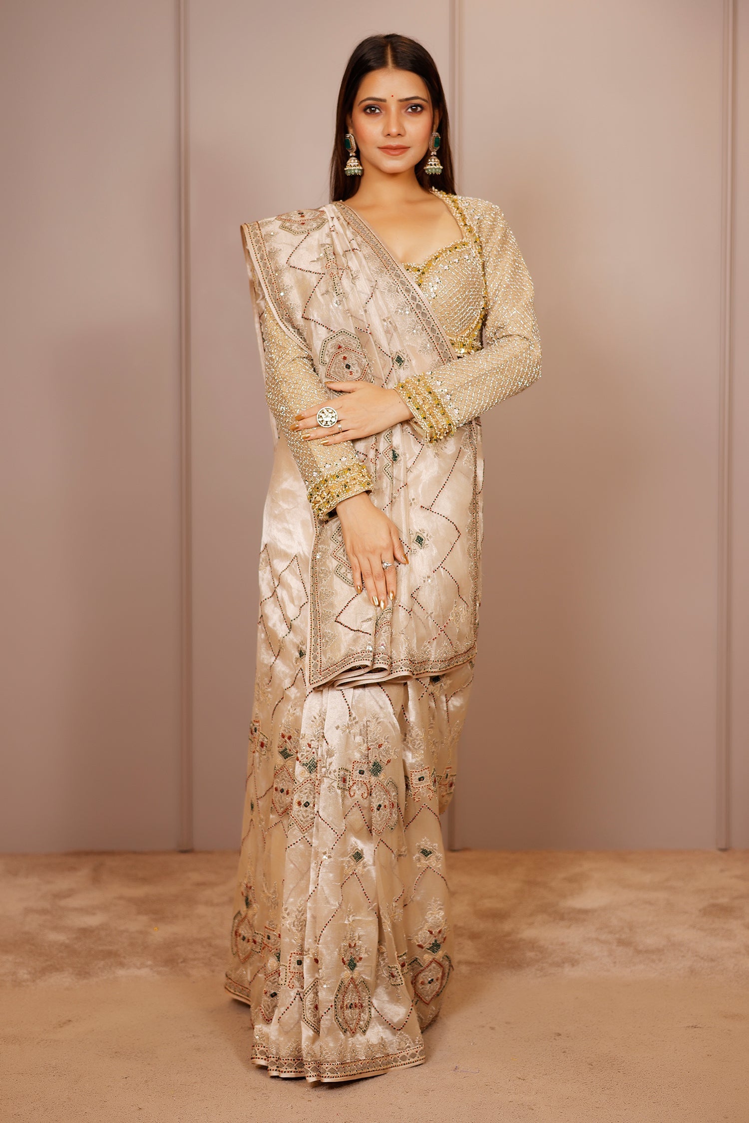 Light Beige Tissue Designer Handworked Saree - beige saree