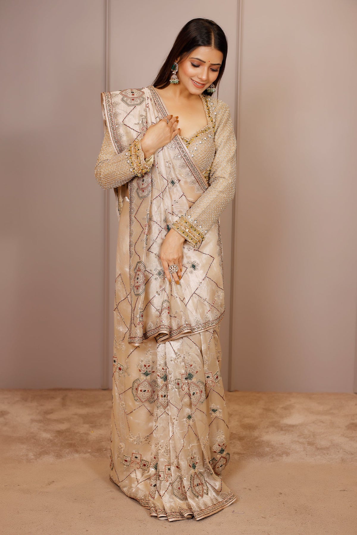 Light Beige Tissue Designer Handworked Saree - beige saree