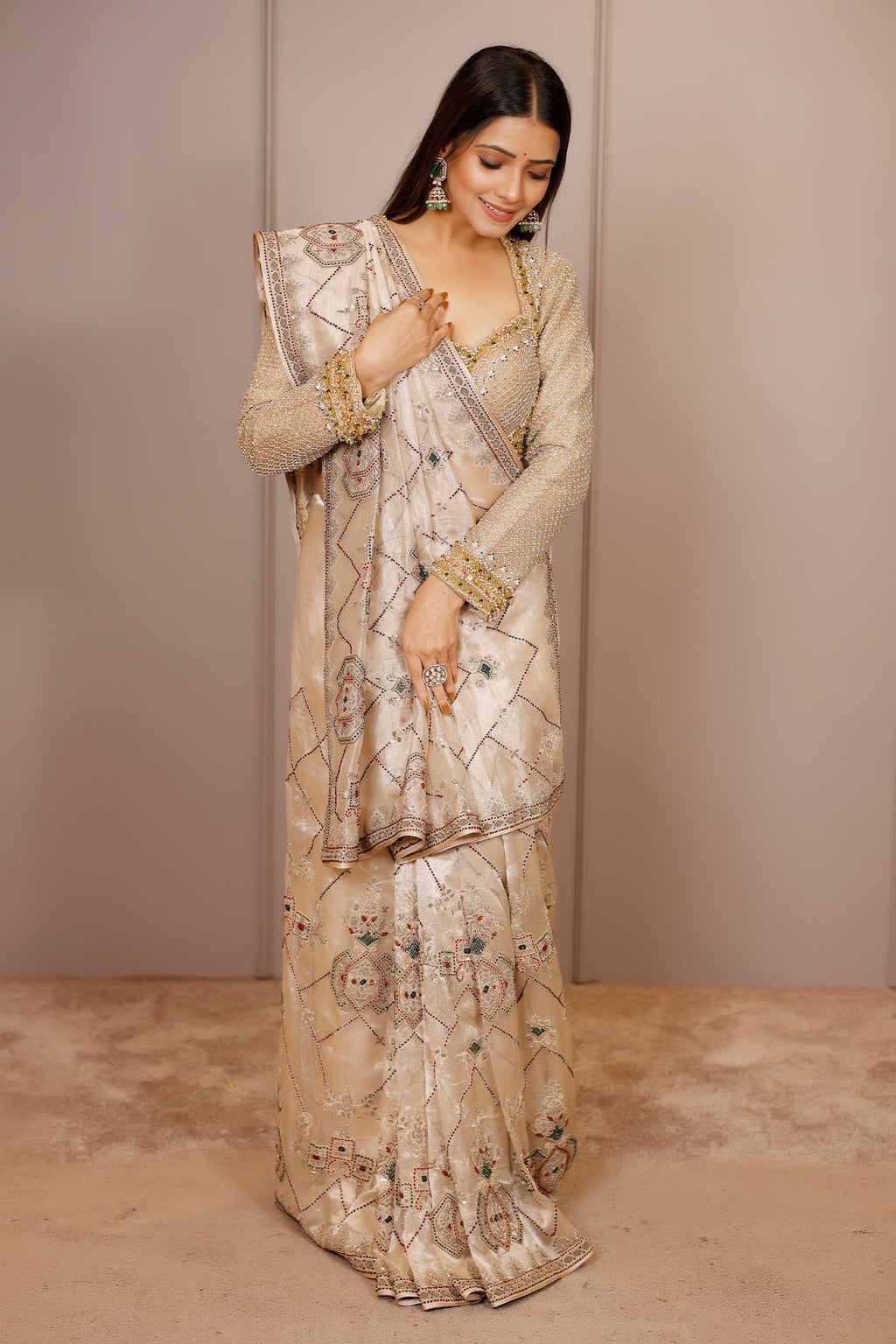 Light Beige Tissue Designer Handworked Saree - beige saree