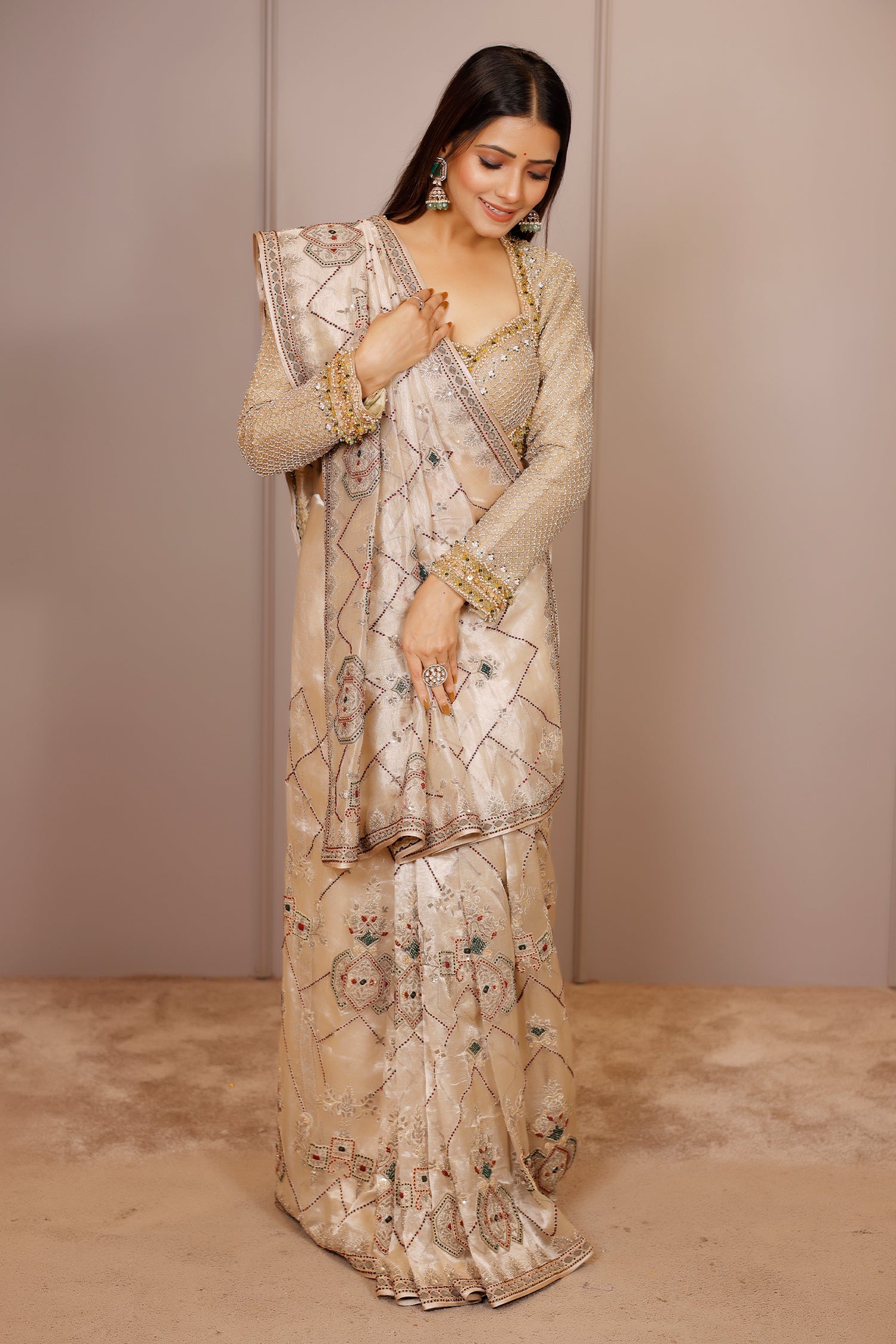 Light Beige Tissue Designer Handworked Saree - beige saree