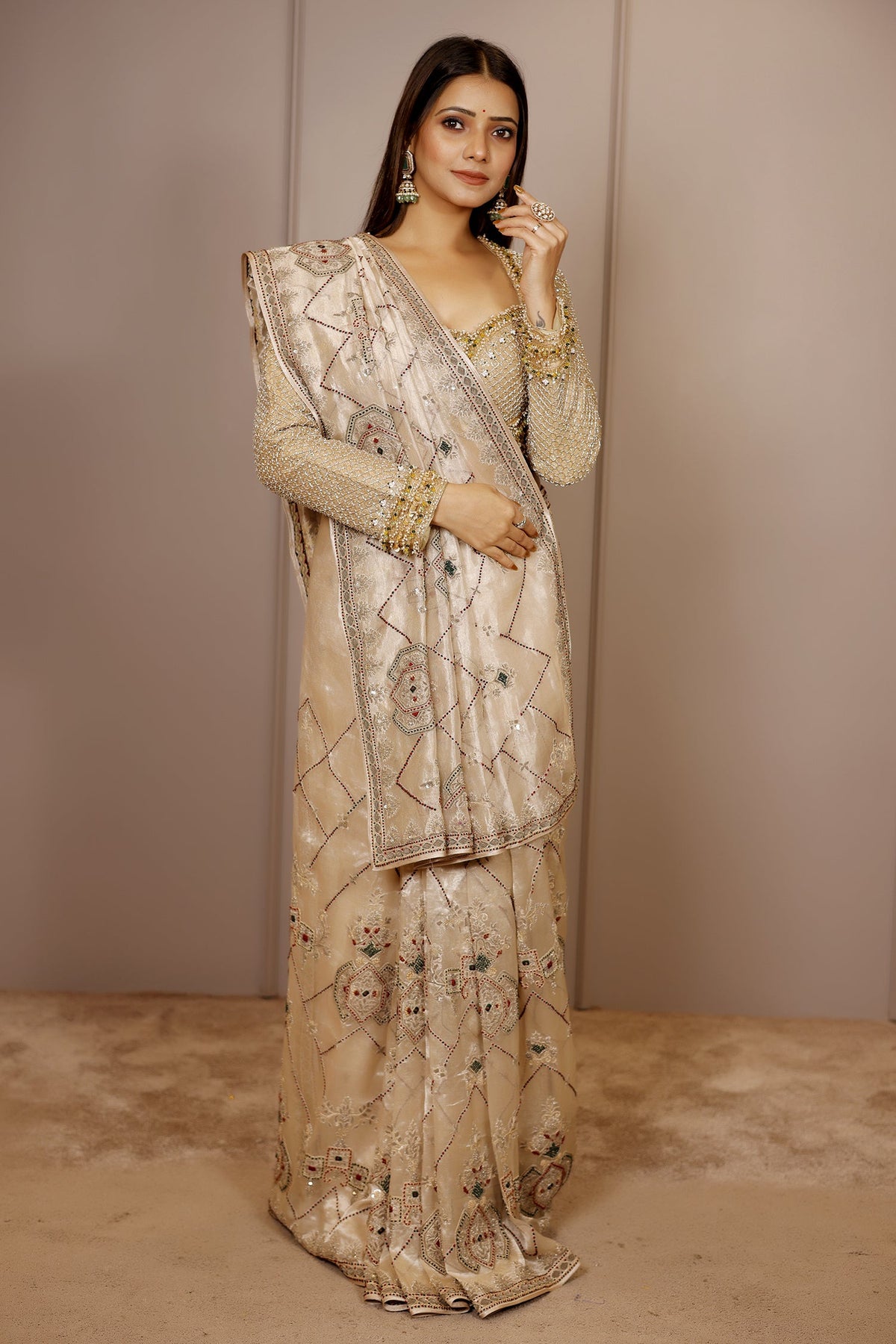 Light Beige Tissue Designer Handworked Saree - beige saree