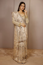 Light Beige Tissue Designer Handworked Saree - beige saree