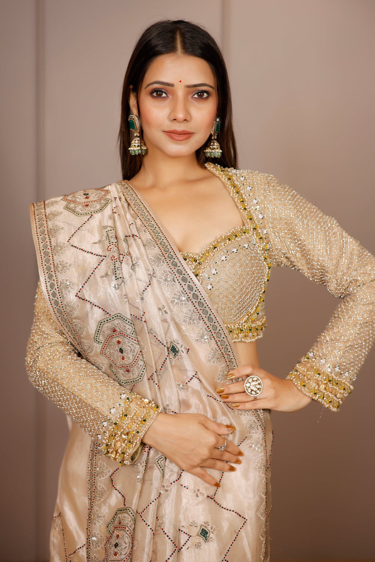 Light Beige Tissue Designer Handworked Saree - beige saree