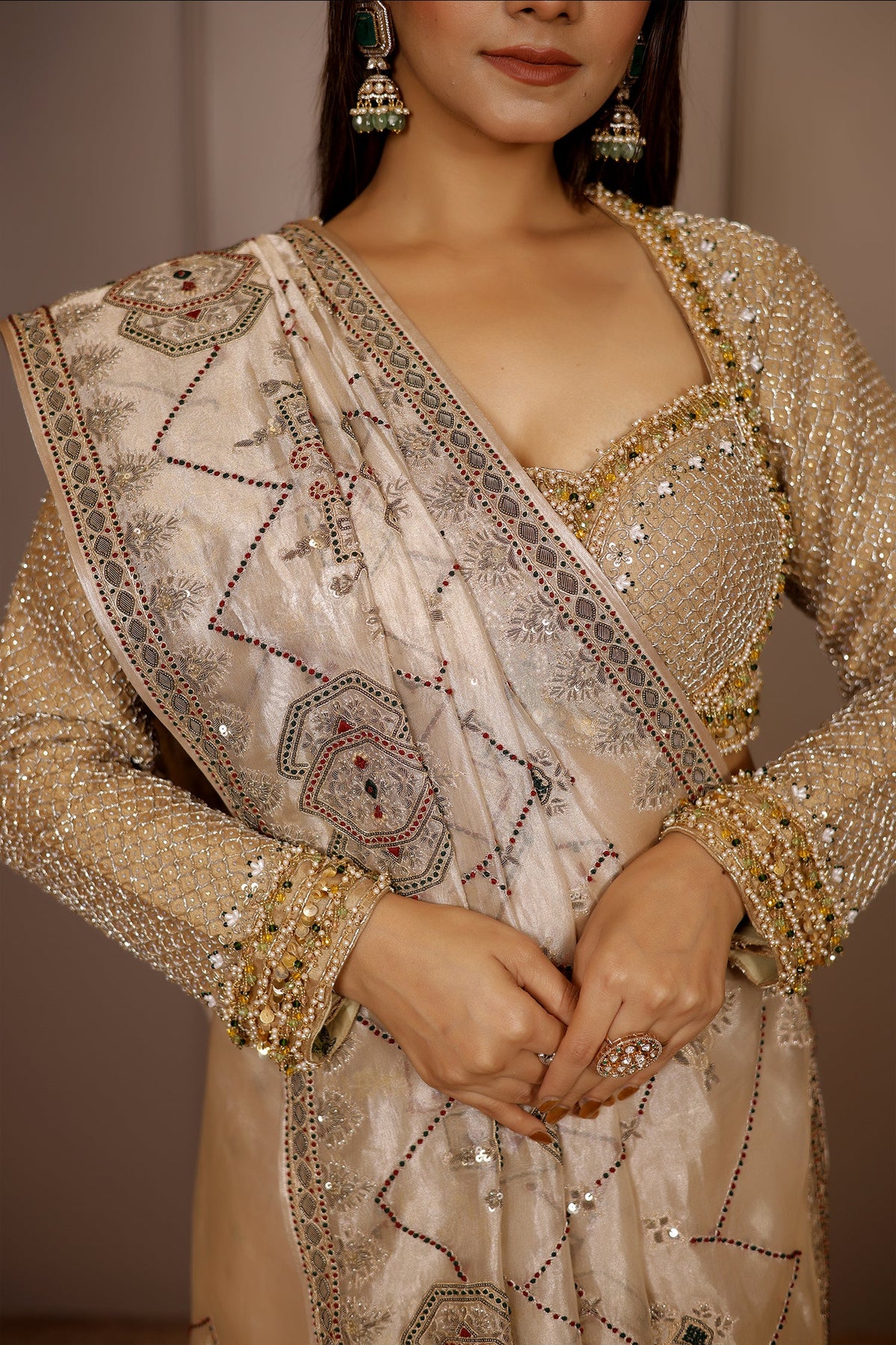 Light Beige Tissue Designer Handworked Saree - beige saree