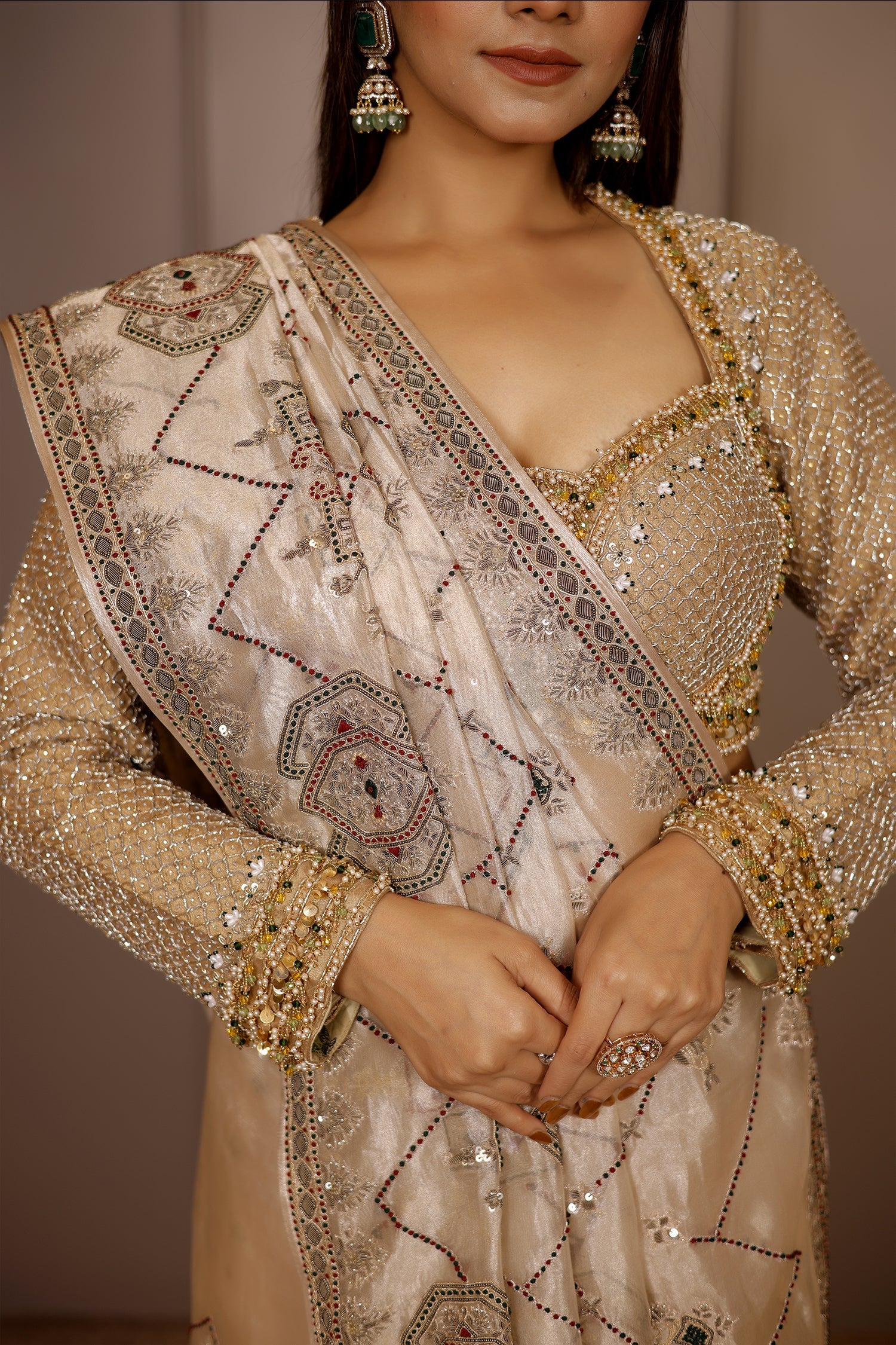 Light Beige Tissue Designer Handworked Saree - beige saree