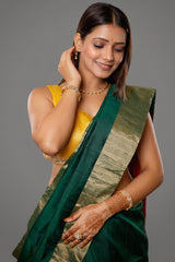 Bottle Green Raw Silk Plain Saree with Contrast Patola Pallu - green silk saree patola