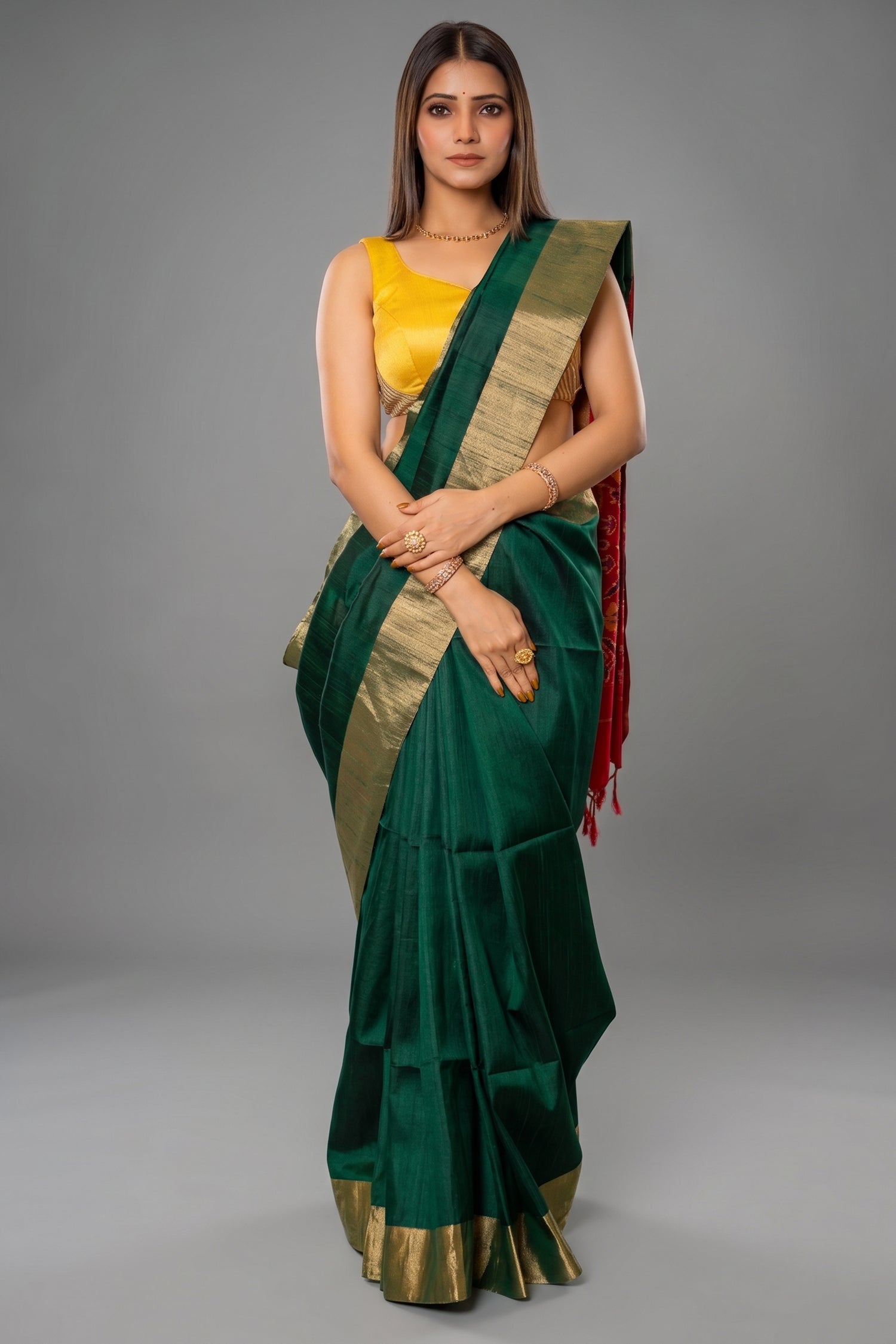 Bottle Green Raw Silk Plain Saree with Contrast Patola Pallu - green silk saree patola Main image