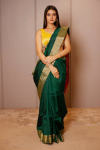 Bottle Green Raw Silk Plain Saree with Contrast Patola Pallu - green silk saree patola