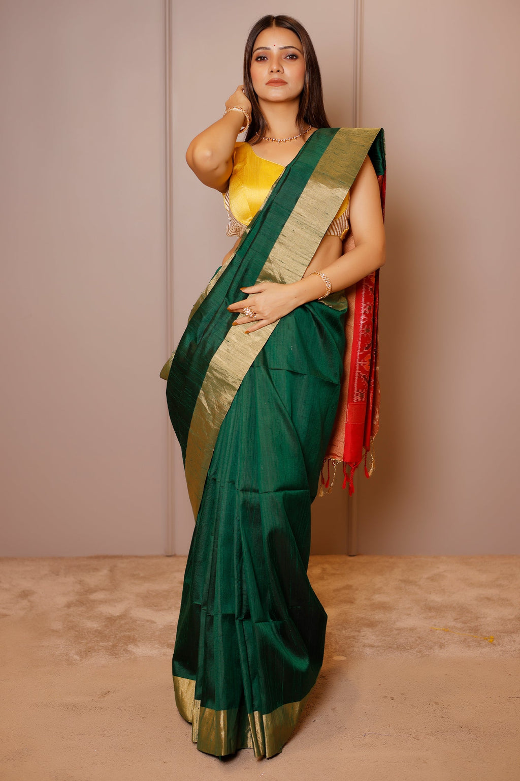 Bottle Green Raw Silk Plain Saree with Contrast Patola Pallu - green silk saree patola