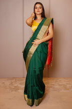 Bottle Green Raw Silk Plain Saree with Contrast Patola Pallu - green silk saree patola