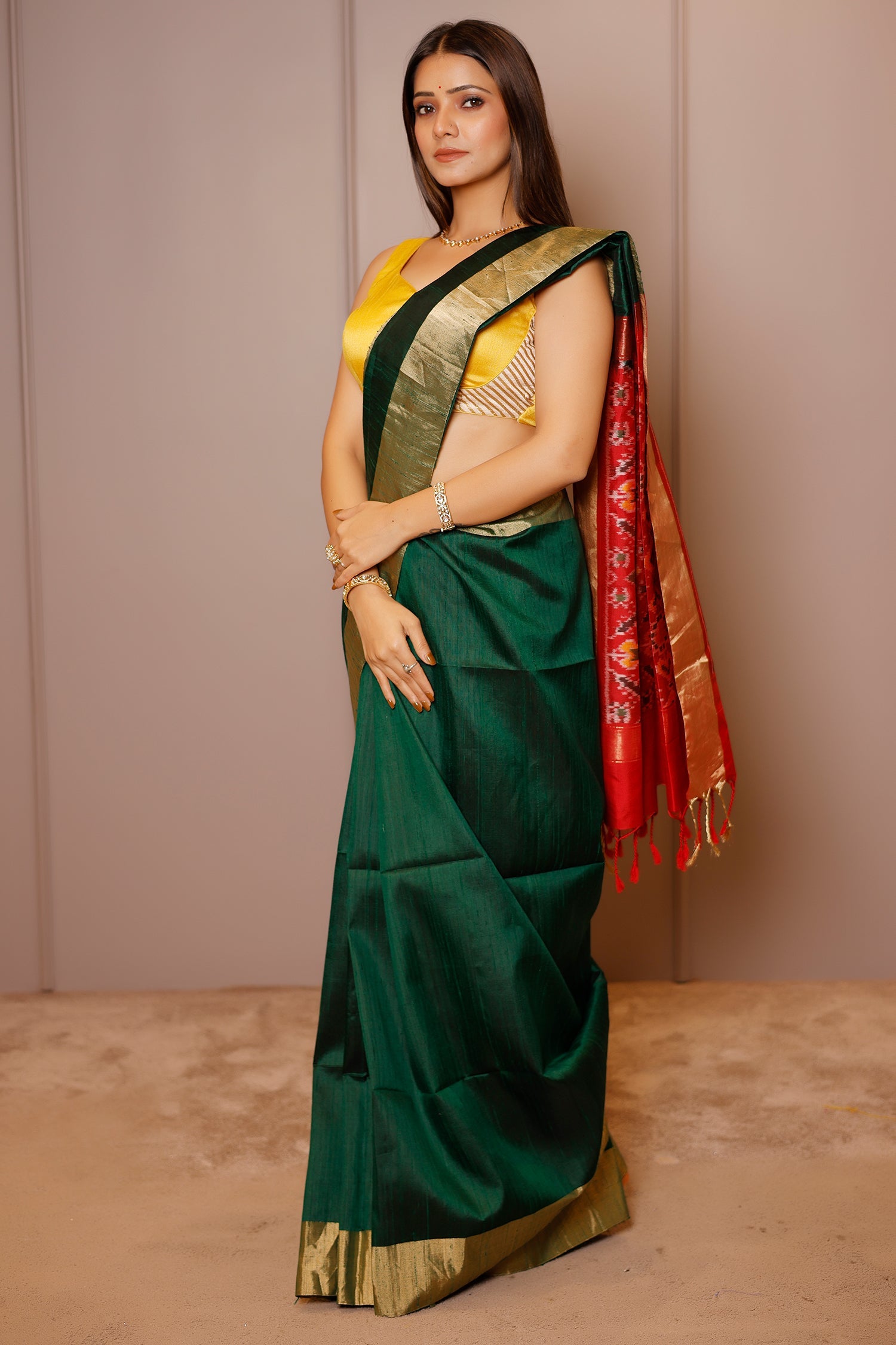 Bottle Green Raw Silk Plain Saree with Contrast Patola Pallu - green silk saree patola