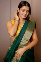 Bottle Green Raw Silk Plain Saree with Contrast Patola Pallu - green silk saree patola