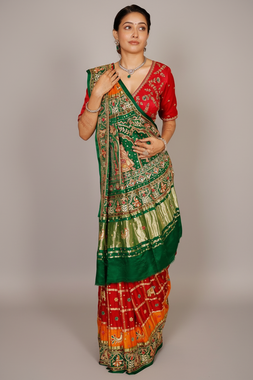 Maroon and Multi Colored Gaji Silk Traditional Gharchola Saree - red silk saree