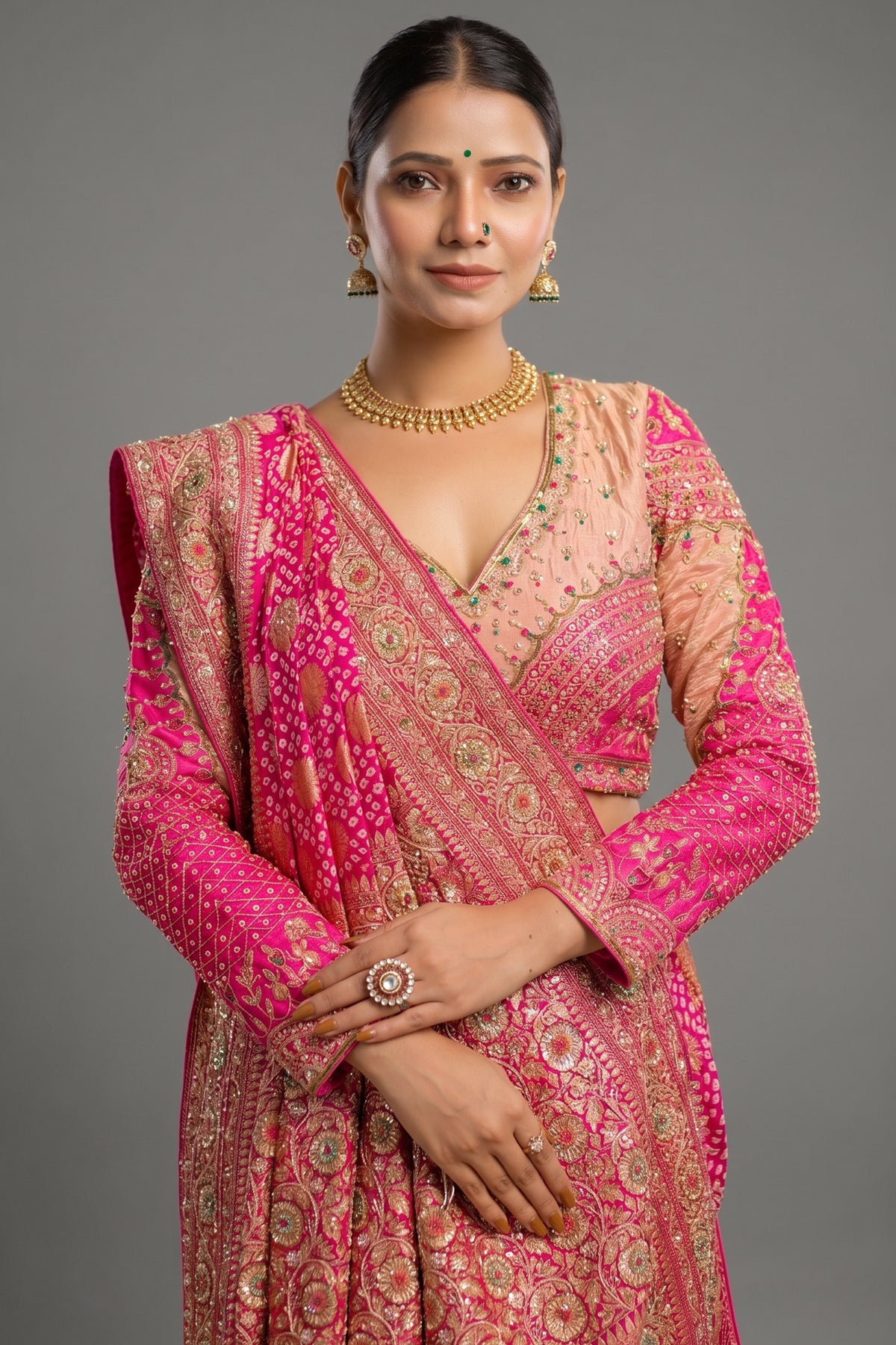 Pink Georgette Bandhej Traditional Saree with Kaat and Sequin Beaded Work - pink georgette saree bandhej