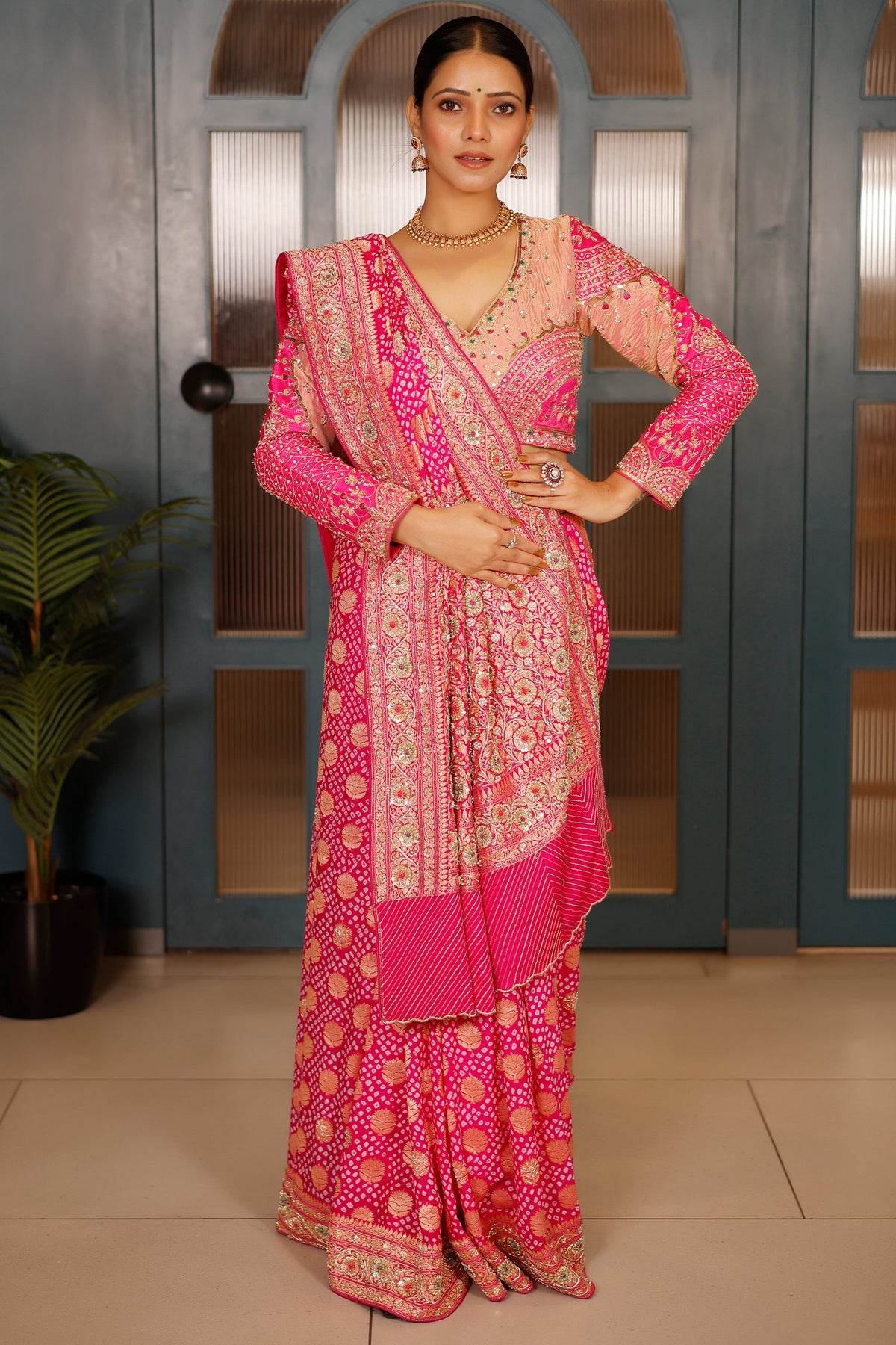 Pink Georgette Bandhej Traditional Saree with Kaat and Sequin Beaded Work - pink georgette saree bandhej