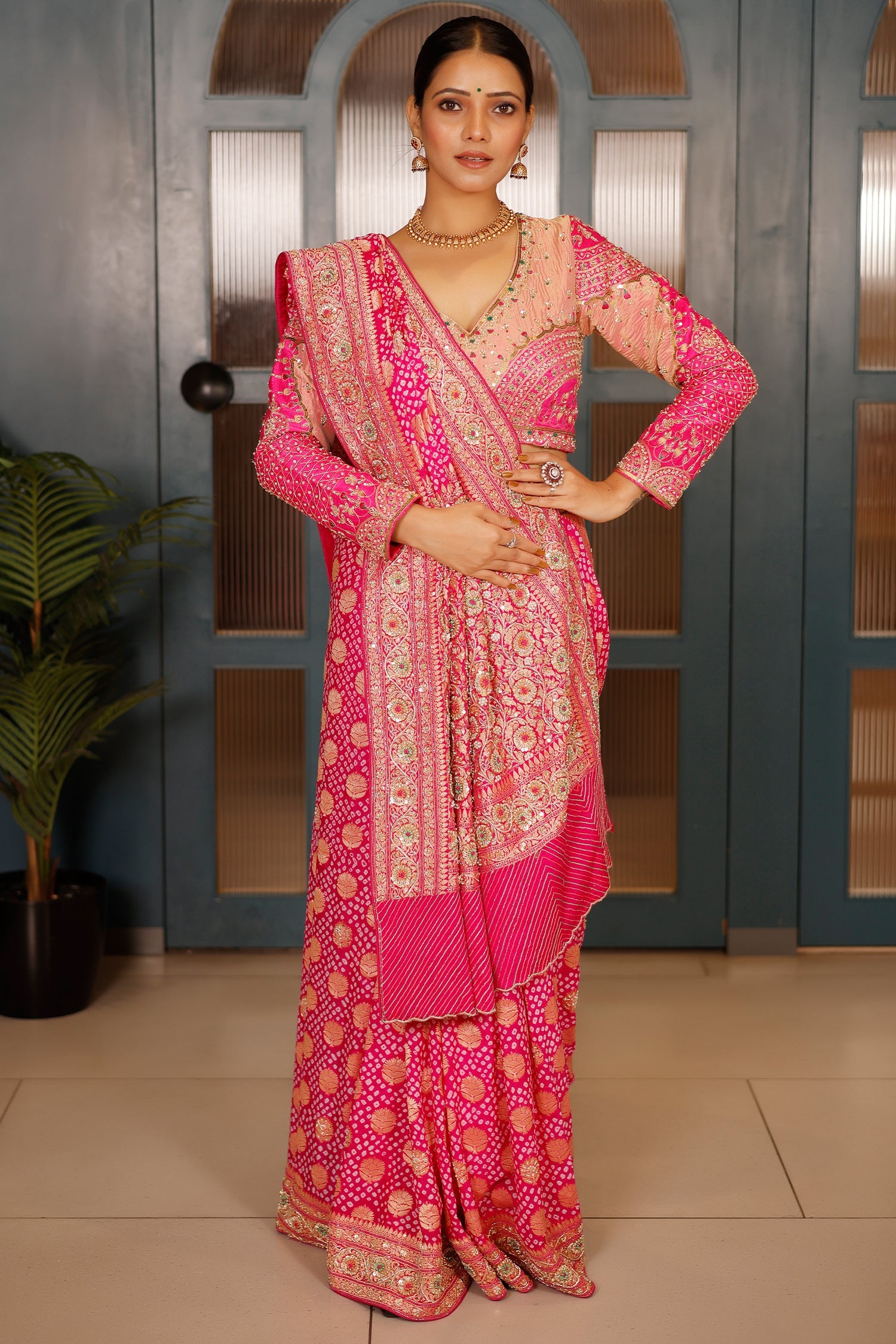 Pink Georgette Bandhej Traditional Saree with Kaat and Sequin Beaded Work - pink georgette saree bandhej