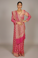 Pink Georgette Bandhej Traditional Saree with Kaat and Sequin Beaded Work
