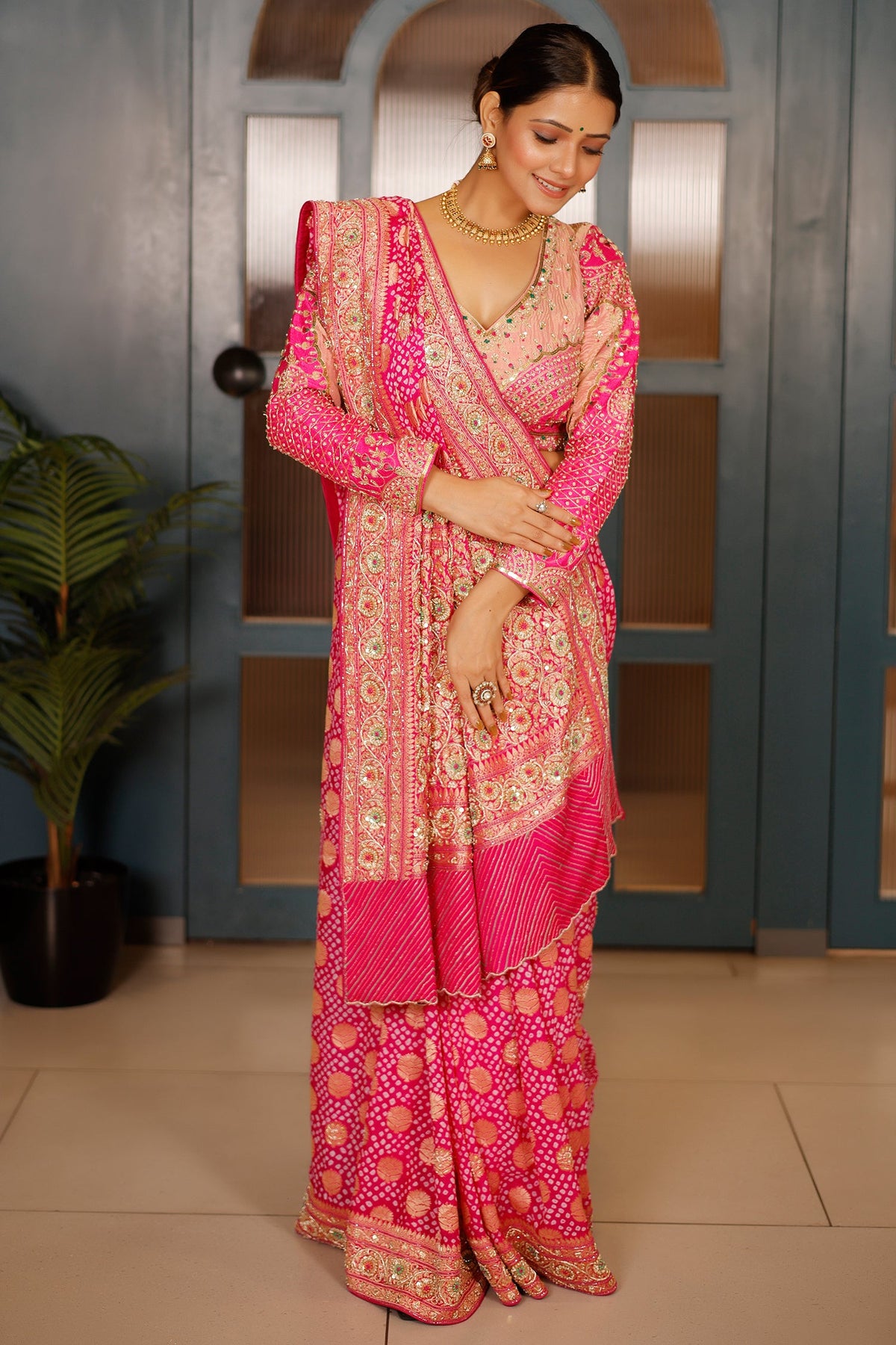 Pink Georgette Bandhej Traditional Saree with Kaat and Sequin Beaded Work - pink georgette saree bandhej
