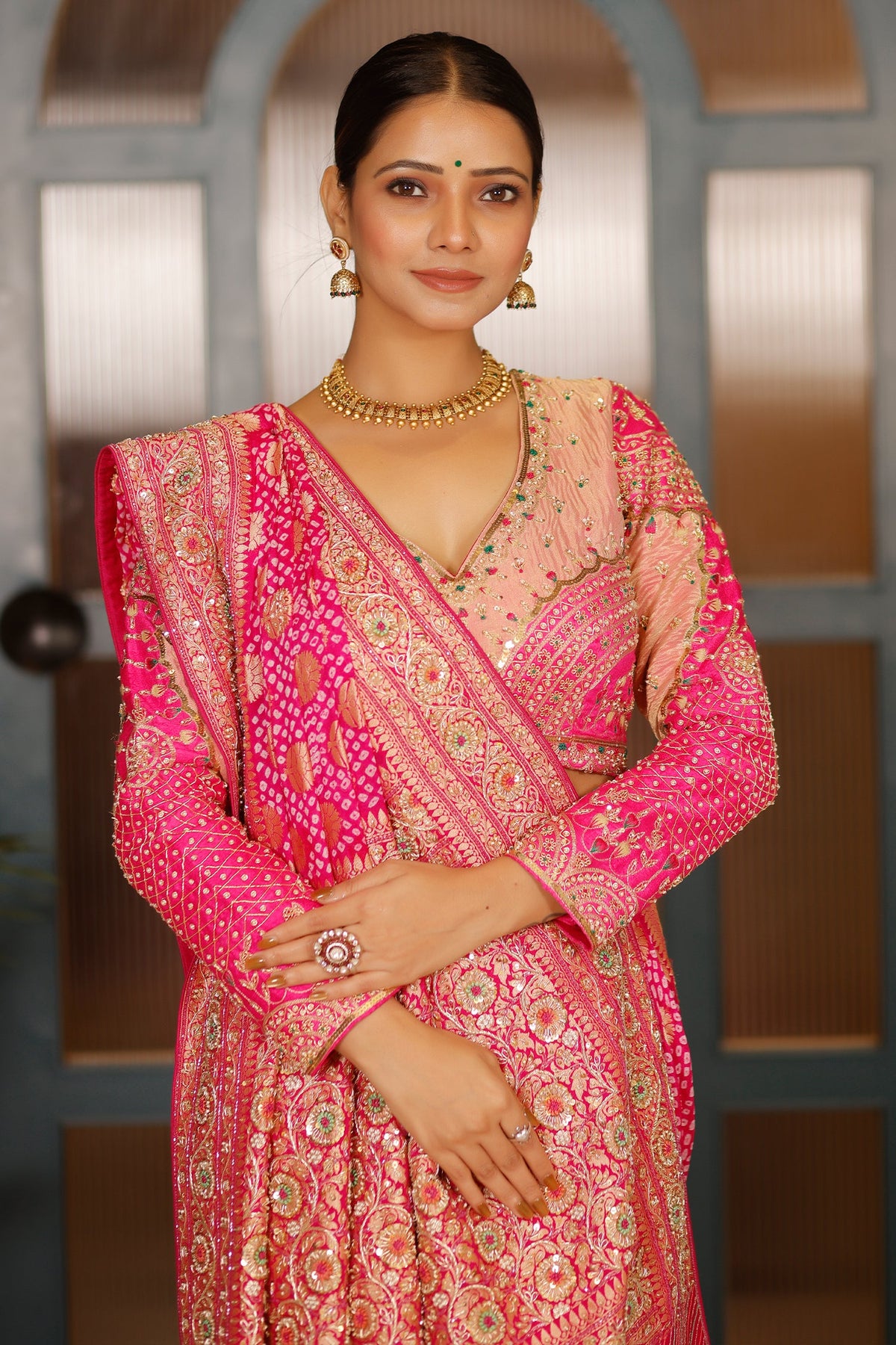 Pink Georgette Bandhej Traditional Saree with Kaat and Sequin Beaded Work - pink georgette saree bandhej