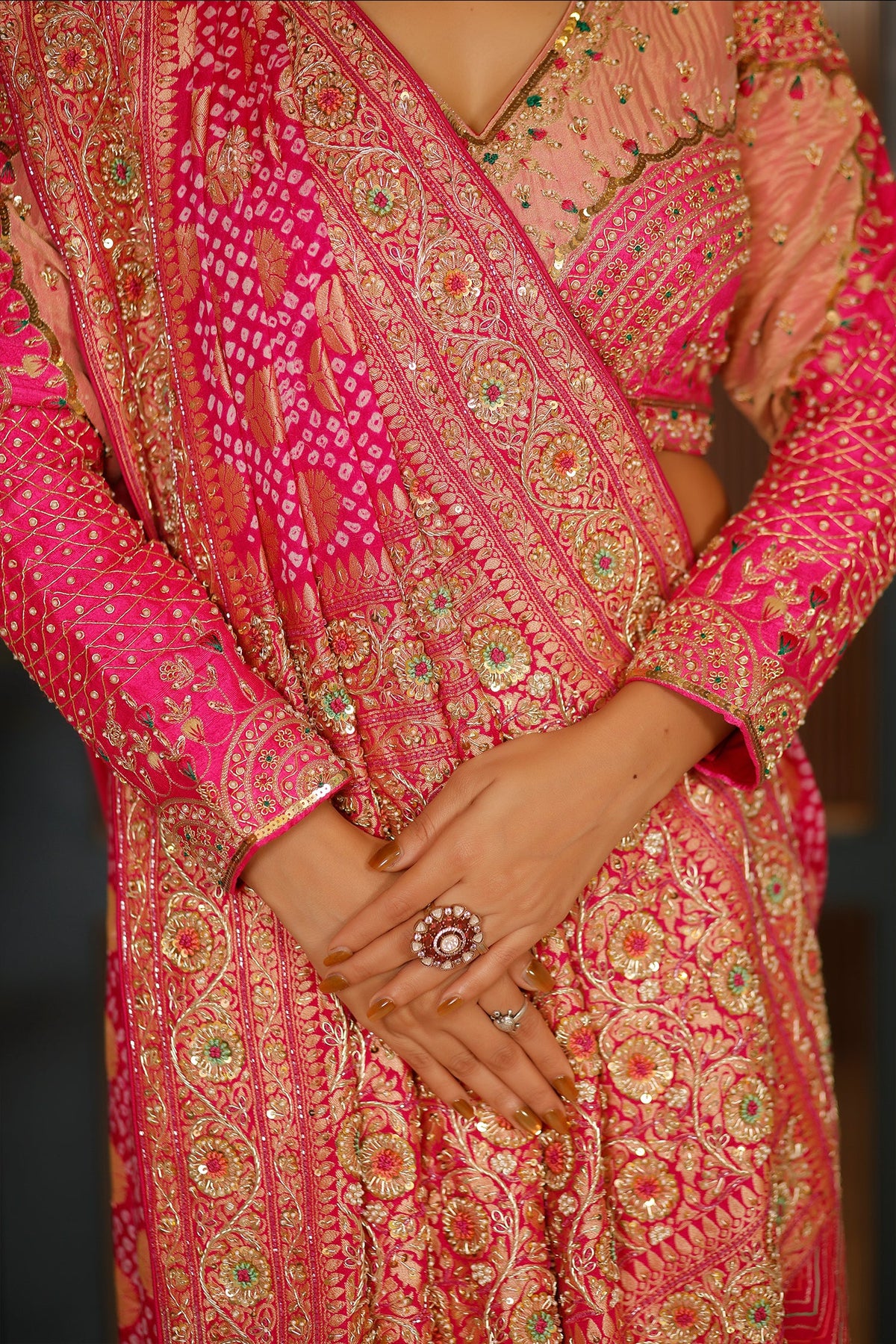 Pink Georgette Bandhej Traditional Saree with Kaat and Sequin Beaded Work - pink georgette saree bandhej