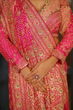 Pink Georgette Bandhej Traditional Saree with Kaat and Sequin Beaded Work - pink georgette saree bandhej