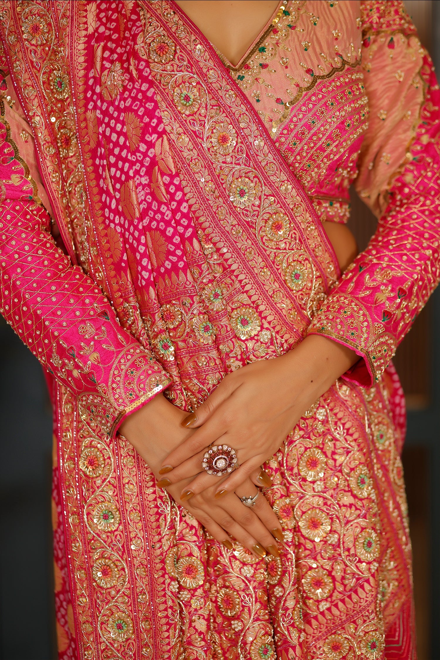 Pink Georgette Bandhej Traditional Saree with Kaat and Sequin Beaded Work - pink georgette saree bandhej