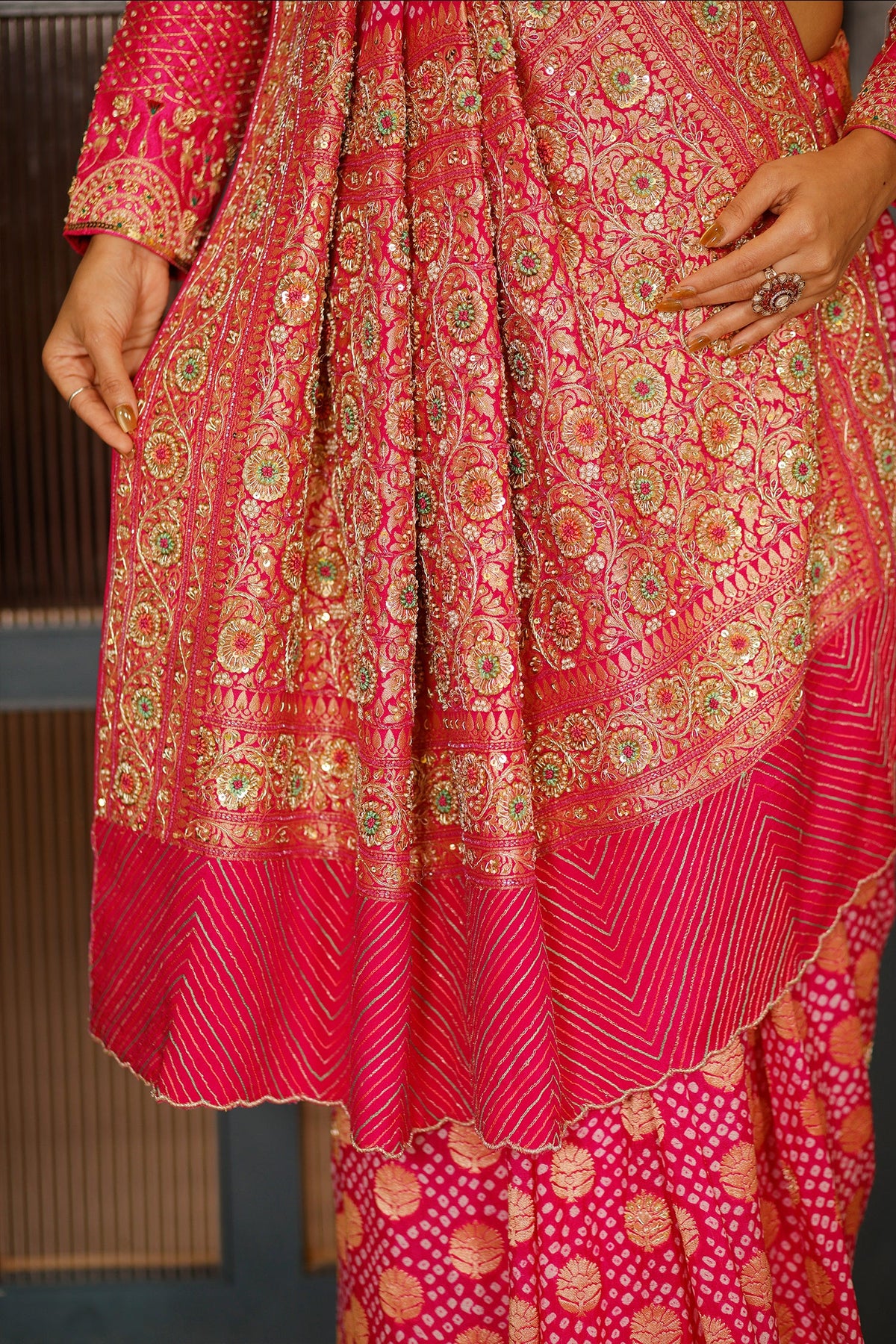 Pink Georgette Bandhej Traditional Saree with Kaat and Sequin Beaded Work - pink georgette saree bandhej