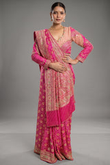 Pink Georgette Bandhej Traditional Saree with Kaat and Sequin Beaded Work - pink georgette saree bandhej