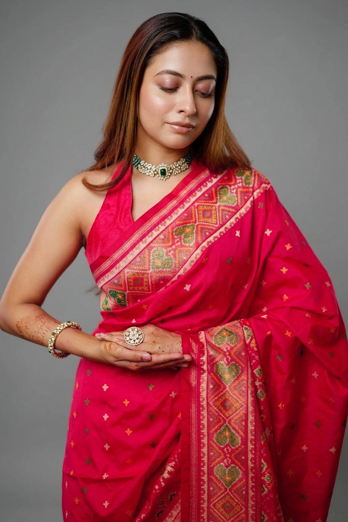 Pink Banarasi Semi Silk Woven Saree with Patola Border and Pallu - pink silk saree patola