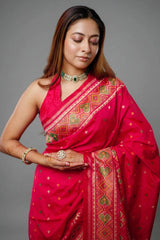 Pink Banarasi Semi Silk Woven Saree with Patola Border and Pallu - pink silk saree patola