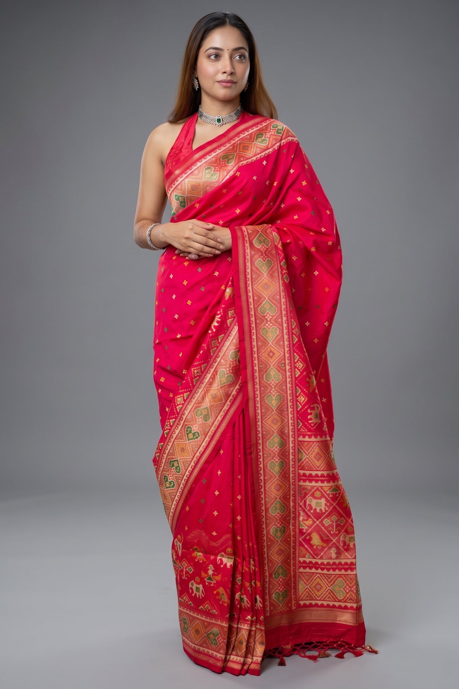 Pink Banarasi Semi Silk Woven Saree with Patola Border and Pallu - pink silk saree patola