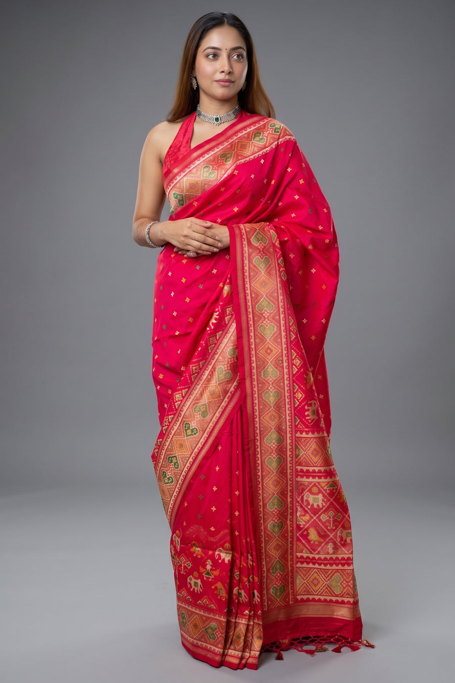 Pink Banarasi Semi Silk Woven Saree with Patola Border and Pallu - pink silk saree patola