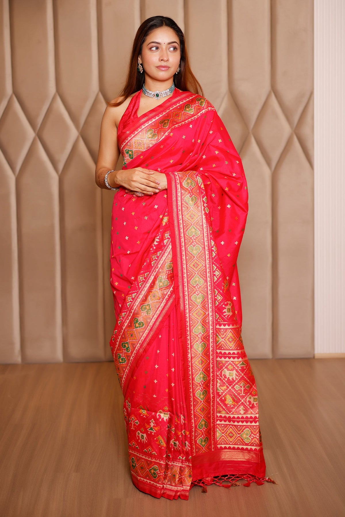 Pink Banarasi Semi Silk Woven Saree with Patola Border and Pallu - pink silk saree patola