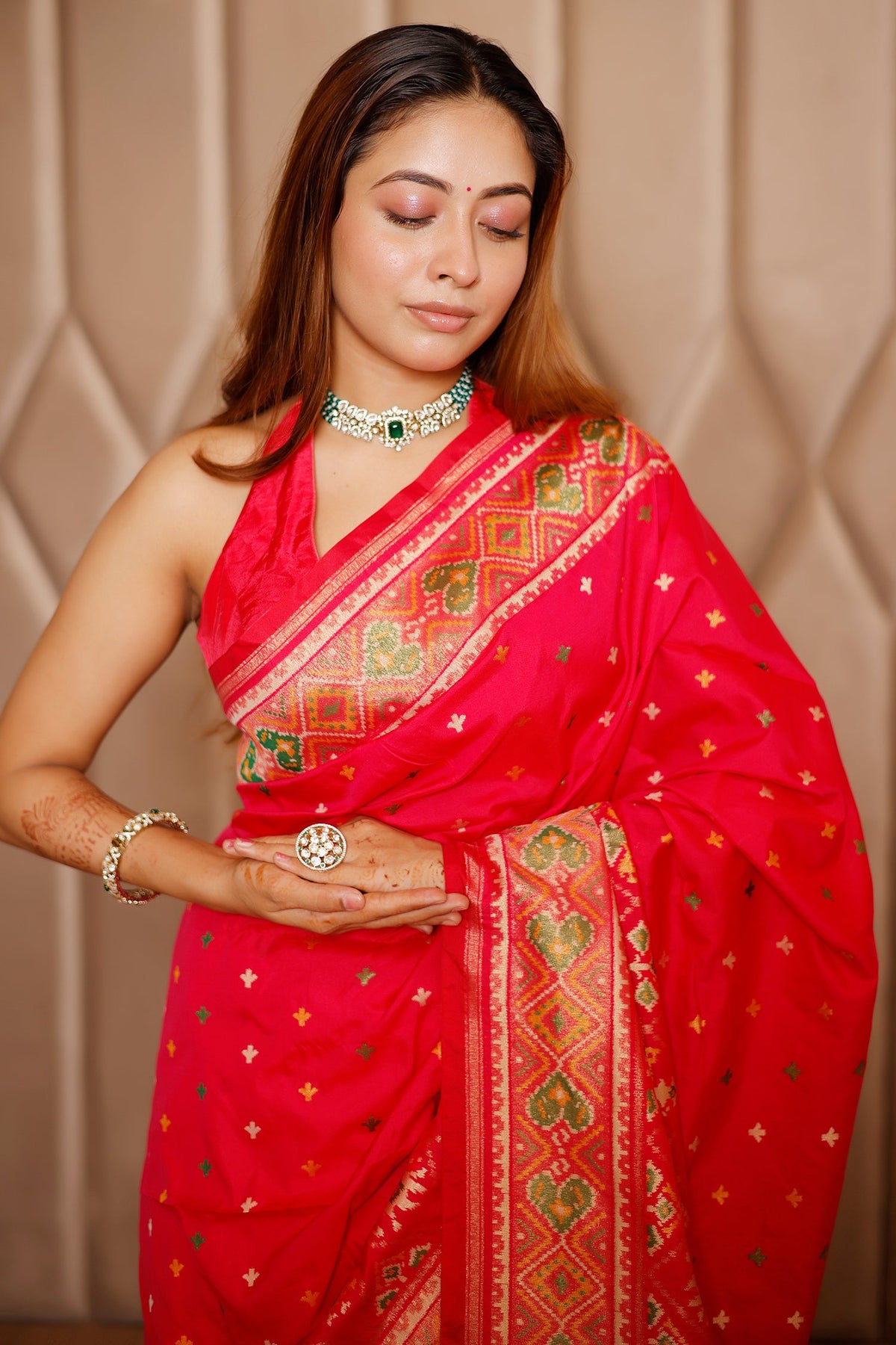 Pink Banarasi Semi Silk Woven Saree with Patola Border and Pallu - pink silk saree patola