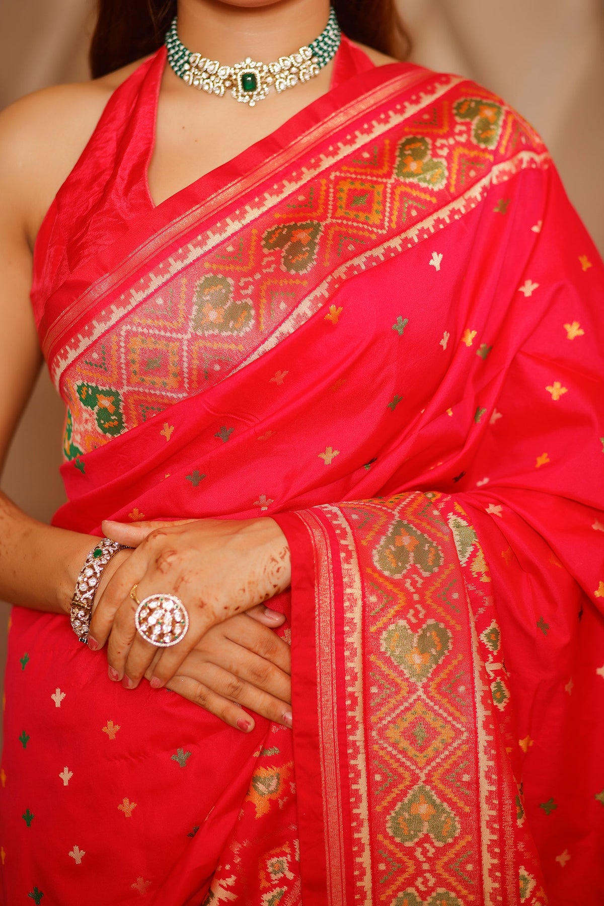 Pink Banarasi Semi Silk Woven Saree with Patola Border and Pallu - pink silk saree patola
